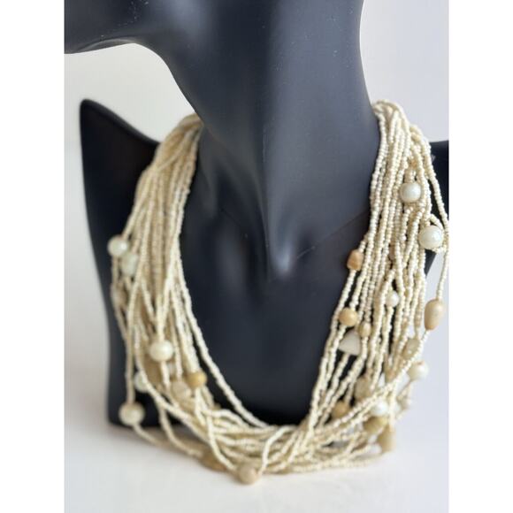 Vintage Multi Strand Beaded SlNecklace Twisted, Cream & Tan Shells, J-01 - Picture 2 of 11